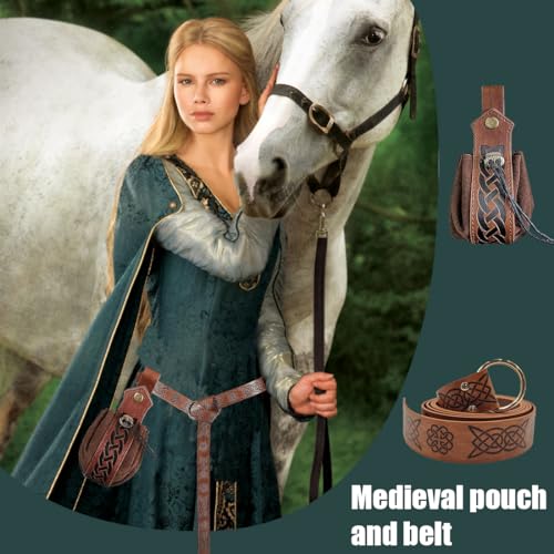 YEAPEAK Traje Nigromante De Halloween, Cinturón Medieval + Bolsa Vikinga De Cuero, Cinturón Medieval Vikingo, Ropa Medieval, Accesorios Medievales, Para Mago, Bruja, Accesorio Para Disfraz, 2 Pcs