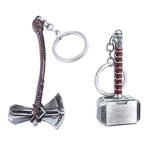 Yerdos 2 llaveros de Thor Stormbreaker + llavero de martillo 2 en 1 hacha Mjolnir Cosplay, plata