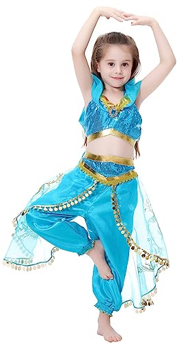 YOGLY Niña Disfraz de Princesa Jazmín Cosplay Halloween Navidad Carnaval Princesa Cumpleaños Mascarada Fiesta Aladdin Princesa Jasmine Danza Superior Recortada y Pantalones Vestido con Peluca 3-8 Años