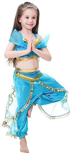 YOGLY Niña Disfraz de Princesa Jazmín Cosplay Halloween Navidad Carnaval Princesa Cumpleaños Mascarada Fiesta Aladdin Princesa Jasmine Danza Superior Recortada y Pantalones Vestido con Peluca 3-8 Años