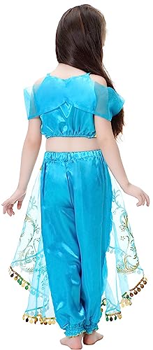 YOGLY Niña Disfraz de Princesa Jazmín Cosplay Halloween Navidad Carnaval Princesa Cumpleaños Mascarada Fiesta Aladdin Princesa Jasmine Danza Superior Recortada y Pantalones Vestido con Peluca 3-8 Años