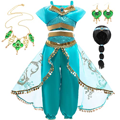 YOGLY Niña Disfraz de Princesa Jazmín Cosplay Halloween Navidad Carnaval Princesa Cumpleaños Mascarada Fiesta Aladdin Princesa Jasmine Danza Superior Recortada y Pantalones Vestido con Peluca 3-8 Años