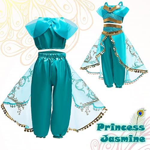 YOGLY Niña Disfraz de Princesa Jazmín Cosplay Halloween Navidad Carnaval Princesa Cumpleaños Mascarada Fiesta Aladdin Princesa Jasmine Danza Superior Recortada y Pantalones Vestido con Peluca 3-8 Años