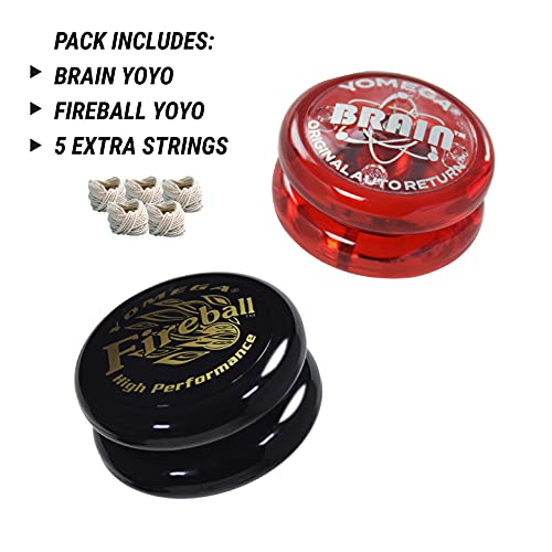 Yomega 2 Spinners legendarios El Yoyo original con un cerebro y bola de fuego Transeje Yo-Yo. Principiante, Intermedio y Pro Level String Trick Play. Incluye 5 cuerdas extra (Fireball-Brain-Black-Red)