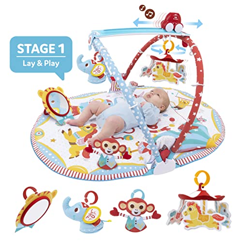 Yookidoo Alfombra de juego Circus Baby Gym. con móvil motorizado musical, almohada de tiempo abdominal, espejo y figuras de animales texturizados recién nacidos. Actividad infantil para 0-12 meses.