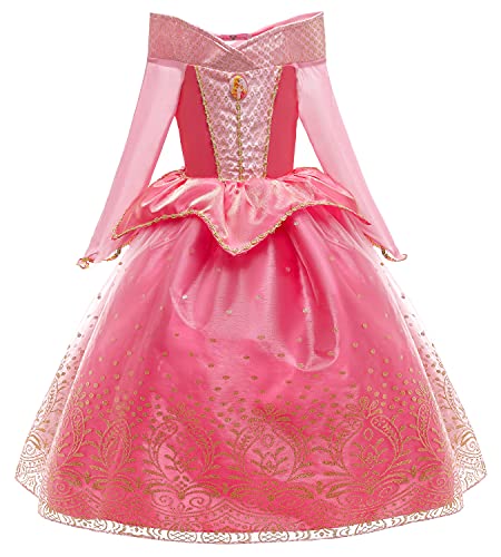 YOSICIL Disfraz Princesa Aurora para Niña Disfraz Bella Durmiente Manga Larga con 6Pcs Accesorio Dulce Princesa Cosplay Vestido para Cumpleaños Halloween Fiesta，Rosa,140