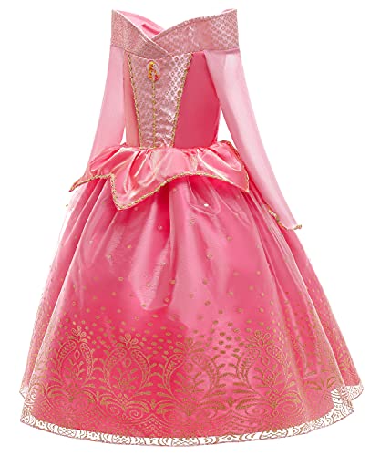 YOSICIL Disfraz Princesa Aurora para Niña Disfraz Bella Durmiente Manga Larga con 6Pcs Accesorio Dulce Princesa Cosplay Vestido para Cumpleaños Halloween Fiesta，Rosa,140