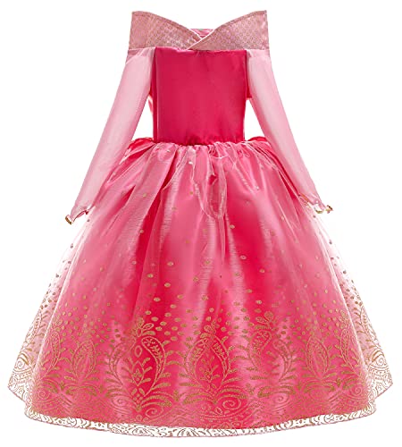 YOSICIL Disfraz Princesa Aurora para Niña Disfraz Bella Durmiente Manga Larga con 6Pcs Accesorio Dulce Princesa Cosplay Vestido para Cumpleaños Halloween Fiesta，Rosa,140