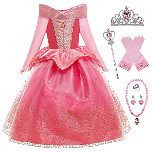 YOSICIL Disfraz Princesa Aurora para Niña Disfraz Bella Durmiente Manga Larga con 6Pcs Accesorio Dulce Princesa Cosplay Vestido para Cumpleaños Halloween Fiesta，Rosa,140