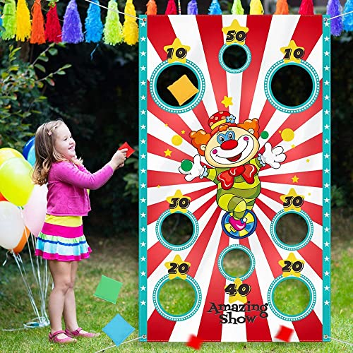 Yunchu Online Circus Party Wurfspiel Karneval Spiele Zirkus Wurfspiel Banner mit 4 Bohnentaschen Zirkus Geburtstag Deko Banner für Karneval Preisspiele Gruppensport