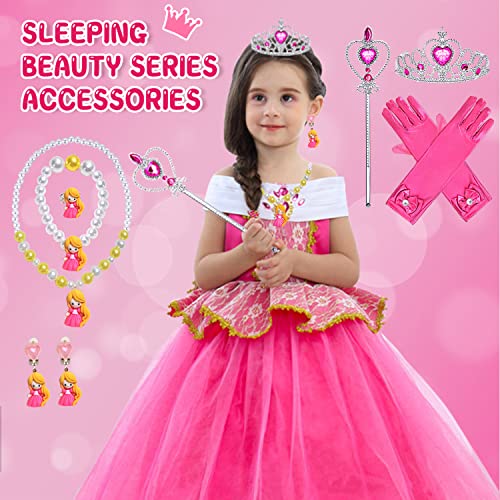 YYDSXK Disfraz Princesa Niña, Disfraz Bella Durmiente Niña con Conjuntos de Collar de Corona Princesa, Aurora Vestido Princesa Niña, Disfraz Aurora Vestido Elegante para Cosplay Cumpleaños (110)