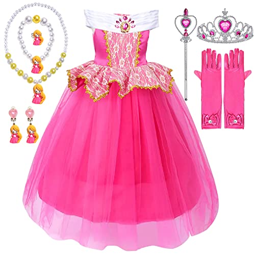 YYDSXK Disfraz Princesa Niña, Disfraz Bella Durmiente Niña con Conjuntos de Collar de Corona Princesa, Aurora Vestido Princesa Niña, Disfraz Aurora Vestido Elegante para Cosplay Cumpleaños (110)