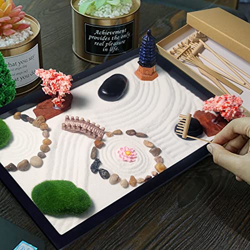 Zen Garden Kit de alivio del estrés 28 x 20 cm juego de regalo de meditación japonesa para decoración de la oficina en casa accesorios de meditación bonito paquete de regalos japoneses para mujeres