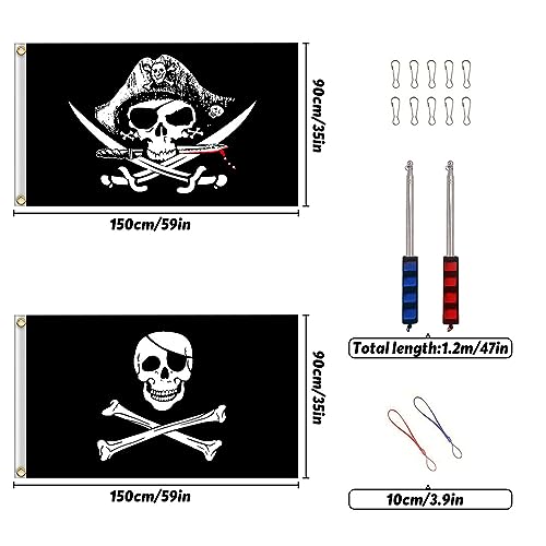 ZOESURE 2 Piezas Bandera Piratas, 90x150 cm Jolly Roger Grande, Bandera Pirata Negro con Mástil de Bandera de 1,2 m, Bandera de Calavera para Decoración de Halloween, Fiesta Pirata, Cosplay Pirata"