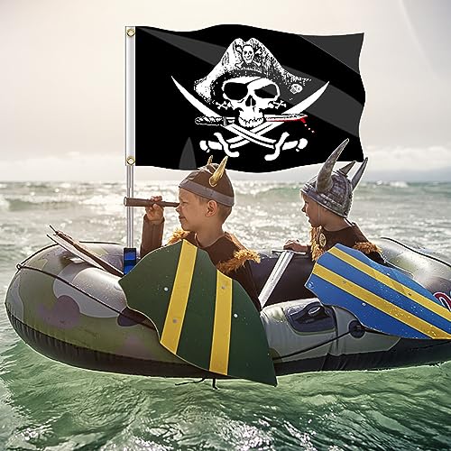 ZOESURE 2 Piezas Bandera Piratas, 90x150 cm Jolly Roger Grande, Bandera Pirata Negro con Mástil de Bandera de 1,2 m, Bandera de Calavera para Decoración de Halloween, Fiesta Pirata, Cosplay Pirata"