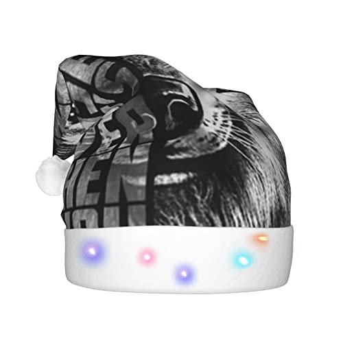 ZORIN Sombreros de Navidad con cabeza de lobo de luz LED y nunca te rindas, gorro de Papá Noel unisex para suministros de fiesta de vacaciones, adorno de Navidad para hombres, mujeres y adultos