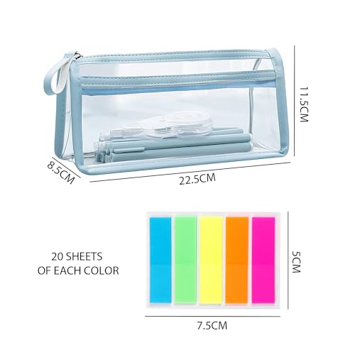 1 estuche transparente con 100 pegatinas fluorescentes, estuche de PVC transparente, bolsa de cosméticos portátil, bolsa de artículos de papelería, adecuado para oficina, escuela, viajes (azul), azul,