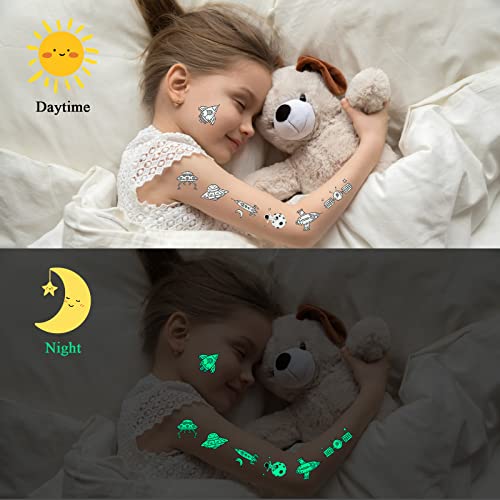 10 Hojas Luminoso Falso Pegatinas, Tatuajes Temporales Niños Pegatinas Halloween Tatuaje Luminoso, Espacio Tatuajes Brillan en la Oscuridad Tatuajes para Regalo de Decor Fiesta para Niños