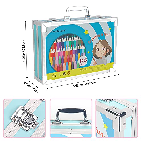 145 Set de Pintura Niños, Caja de Aluminio portátil Deluxe y Kit de Dibujo, Profesional Lápices de colores Conjunto de Dibujo Artístico，Juego de Arte para niños Adultos, Regalos de cumpleaños(Azul)