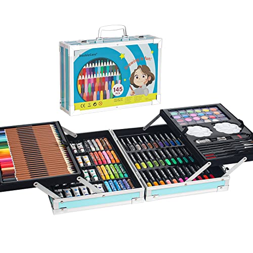 145 Set de Pintura Niños, Caja de Aluminio portátil Deluxe y Kit de Dibujo, Profesional Lápices de colores Conjunto de Dibujo Artístico，Juego de Arte para niños Adultos, Regalos de cumpleaños(Azul)