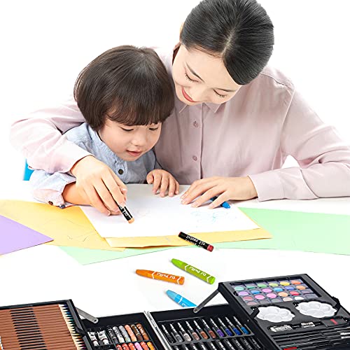 145 Set de Pintura Niños, Caja de Aluminio portátil Deluxe y Kit de Dibujo, Profesional Lápices de colores Conjunto de Dibujo Artístico，Juego de Arte para niños Adultos, Regalos de cumpleaños(Azul)