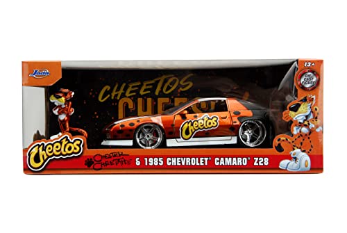 1985 Chevy Camaro Z/28 Orange Metallic with Graphics and Chester Cheetah Diecast Figure Cheetos Hollywood Rides Series 1/24 Diecast Model Car by Jada 34384