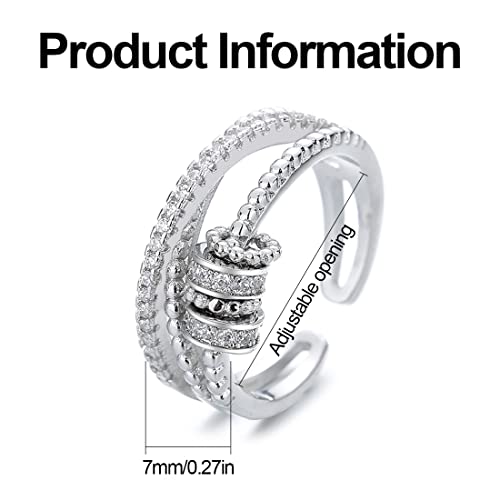 2 Piezas Anillos Mujer Plata Ajustable, Anillo de Ansiedad Fidget, Anillo Antiestres Giratorio, Anillo Antiestres Giratorio, Anillos Anti Ansiedad Mujer con Cristal y Rosario, Regalos para Mujeres