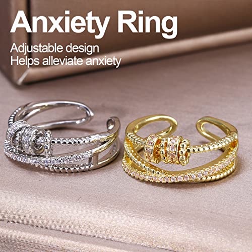 2 Piezas Anillos Mujer Plata Ajustable, Anillo de Ansiedad Fidget, Anillo Antiestres Giratorio, Anillo Antiestres Giratorio, Anillos Anti Ansiedad Mujer con Cristal y Rosario, Regalos para Mujeres