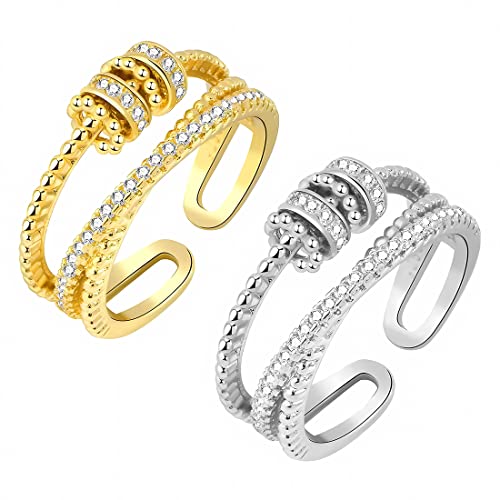 2 Piezas Anillos Mujer Plata Ajustable, Anillo de Ansiedad Fidget, Anillo Antiestres Giratorio, Anillo Antiestres Giratorio, Anillos Anti Ansiedad Mujer con Cristal y Rosario, Regalos para Mujeres