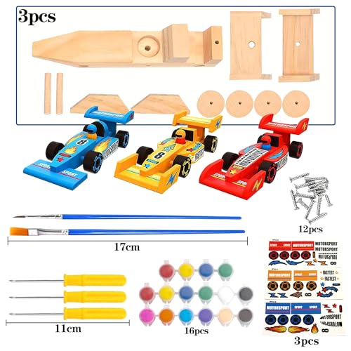 3 Piezas Coche de Carreras Madera de Manualidades Kit para Ninos, Construir Juguete Coche de Carreras para Pintura de Bricolaje y Montar con Herramientas de Pintura Regalo para Niños Niñas