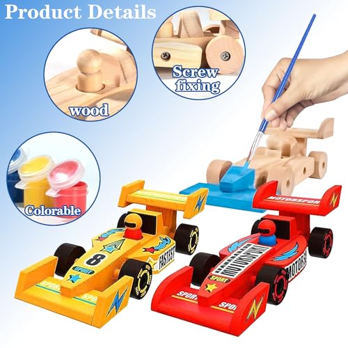 3 Piezas Coche de Carreras Madera de Manualidades Kit para Ninos, Construir Juguete Coche de Carreras para Pintura de Bricolaje y Montar con Herramientas de Pintura Regalo para Niños Niñas