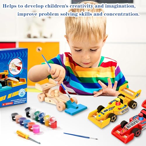 3 Piezas Coche de Carreras Madera de Manualidades Kit para Ninos, Construir Juguete Coche de Carreras para Pintura de Bricolaje y Montar con Herramientas de Pintura Regalo para Niños Niñas