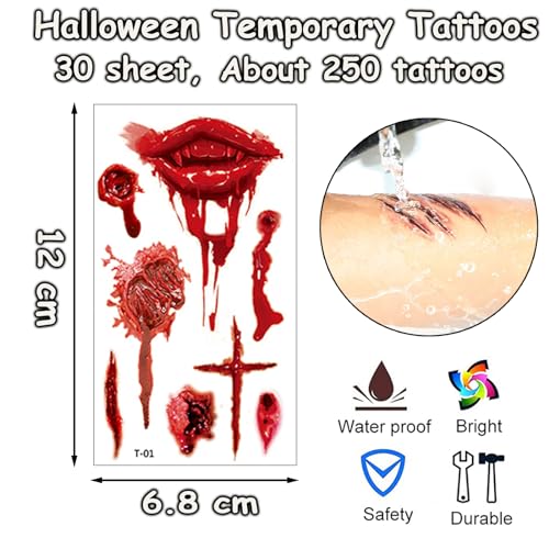 30 hojas Tatuajes Temporales de Halloween, Zombie Vampiro Cicatrices Tatuaje Pegatinas Realista Horror Heridas Tatuajes de maquillaje para Mujeres Hombres Niños Partido de Halloween Prop Cosplay