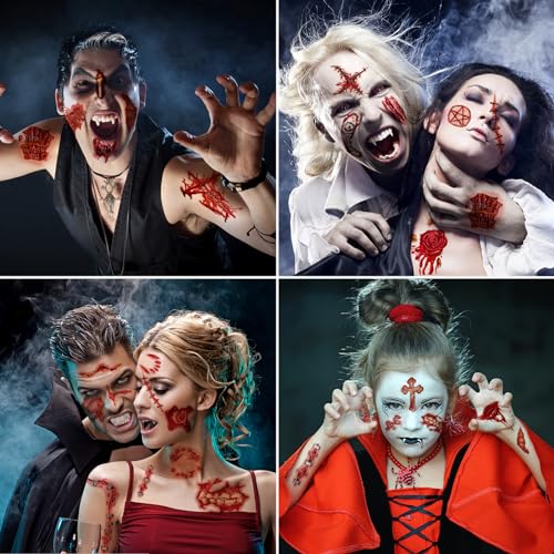 30 hojas Tatuajes Temporales de Halloween, Zombie Vampiro Cicatrices Tatuaje Pegatinas Realista Horror Heridas Tatuajes de maquillaje para Mujeres Hombres Niños Partido de Halloween Prop Cosplay