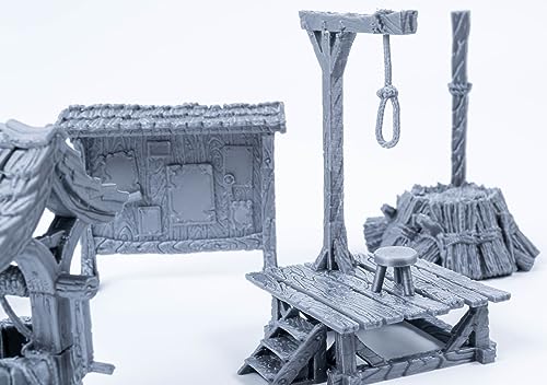 3D Vikings Juego de artículos de la ciudad, accesorios completos de terreno para juegos de rol de mesa, mazmorras y dragones, martillo de guerra, incluye pozo, inodoro, letreros, horca, tablón de