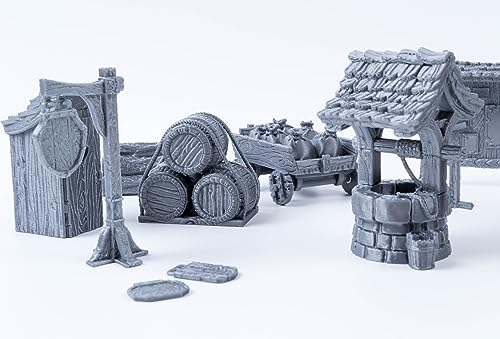 3D Vikings Juego de artículos de la ciudad, accesorios completos de terreno para juegos de rol de mesa, mazmorras y dragones, martillo de guerra, incluye pozo, inodoro, letreros, horca, tablón de