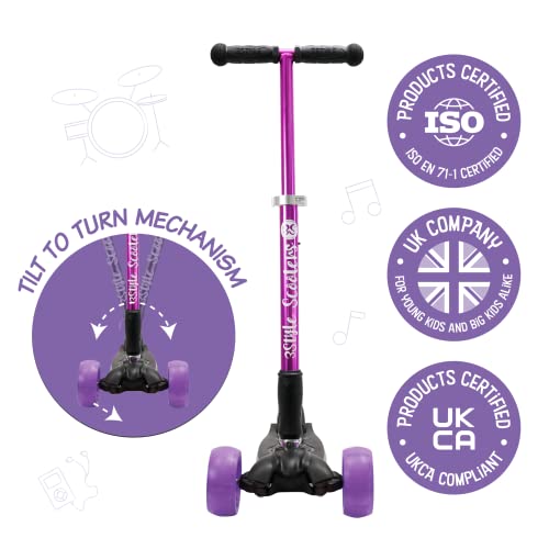 3StyleScooters RGS-3 - Patinete Morado de 3 Ruedas para niños, Ruedas iluminadas, Ligero y Plegable, a Partir de 5 años