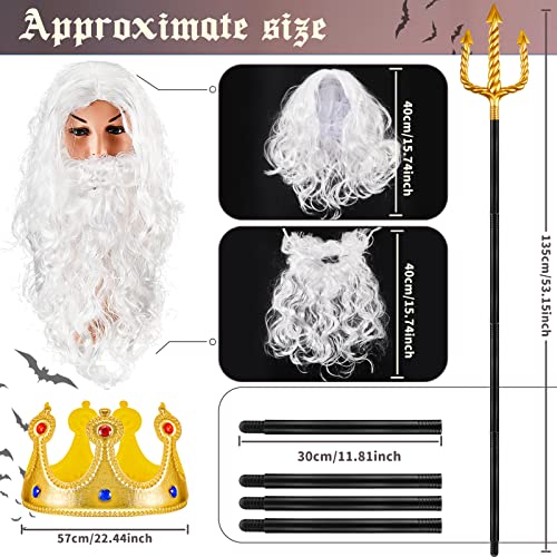 4 Piezas Accesorios para Disfraz de Rey Neptuno Set de Peluca y Barba Blanca Tridente de Oro Corona Dorada de Rey para Disfraz de Navidad