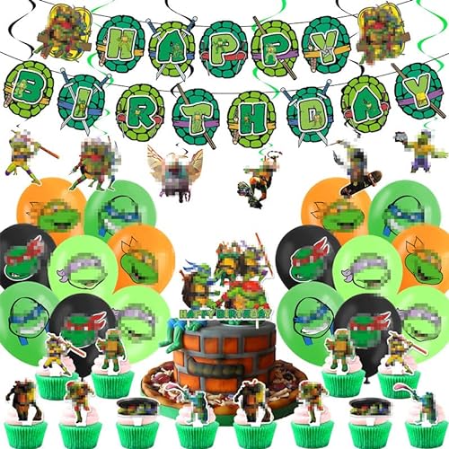 40 decoraciones de fiesta de cumpleaños de tortuga para niños, suministros de fiesta temática de película de tortuga, pancarta de feliz cumpleaños, globos de fiesta de tortuga, decoración de