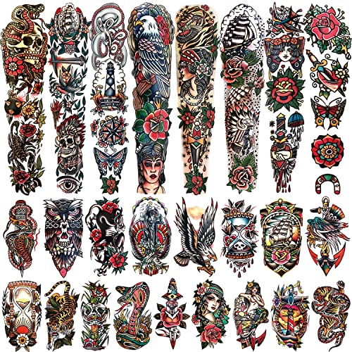 55 Hojas Tatuajes Temporales, 8 Hojas Brazo Completo Impermeable Flor Serpiente Tatuaje Falso, Pegatinas para Adultos Mujeres Hombres 17 Hojas Medio Brazo 30 Hojas Tatuajes Pequeños para Niños y Niñas