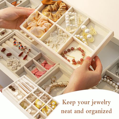 6 Organizador de joyería Bandeja de joyería beige, Bandejas organizadoras de joyería de terciopelo, Cajón de joyería Organizador de joyería para pendientes Anillos Collares Pulseras(21*12.5*2.5 CM)