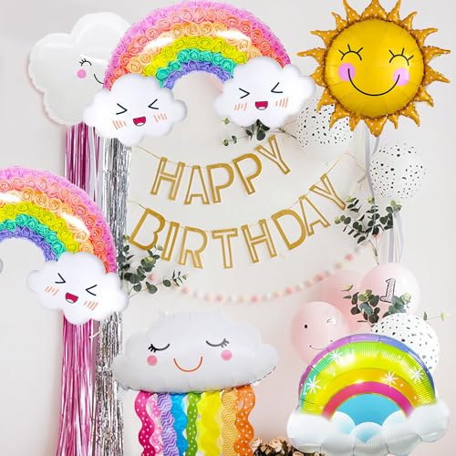 9 globos con forma de nube, arco iris, arcoíris, nubes, globos de cumpleaños infantiles, decoración de cumpleaños infantiles, borlas sonrientes, globos de aniversario, decoración de cumpleaños