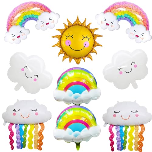 9 globos con forma de nube, arco iris, arcoíris, nubes, globos de cumpleaños infantiles, decoración de cumpleaños infantiles, borlas sonrientes, globos de aniversario, decoración de cumpleaños