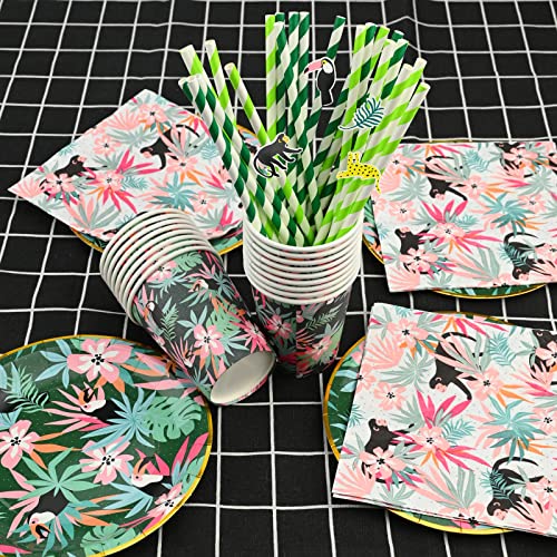 92 Piezas de Suministros Hawaianos Luau, Sirve para 24 Invitados, Juego de vajilla de Fiesta de Flamenco, Platos temáticos de Fiesta Tropical, Vasos de Papel, pajitas de Papel para Decoraciones