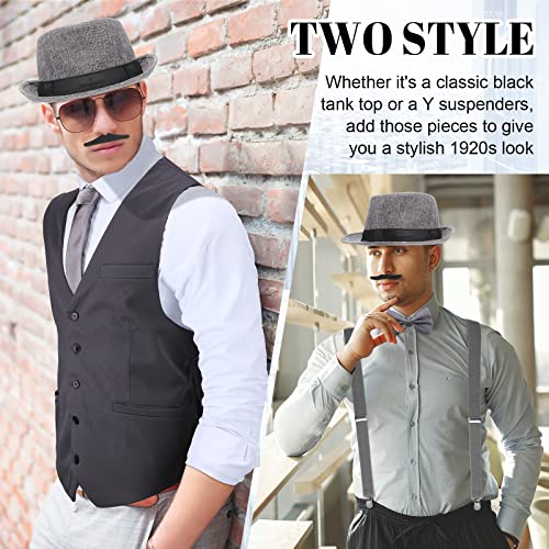 Accesorios de Hombre de 1920 Disfraces Ropa de Gatsby Gángster Atuendo de Cosplay Halloween con Chaleco Sombrero de Fieltro Reloj de Bolsillo Tirantes Corbata (XL, Gris)