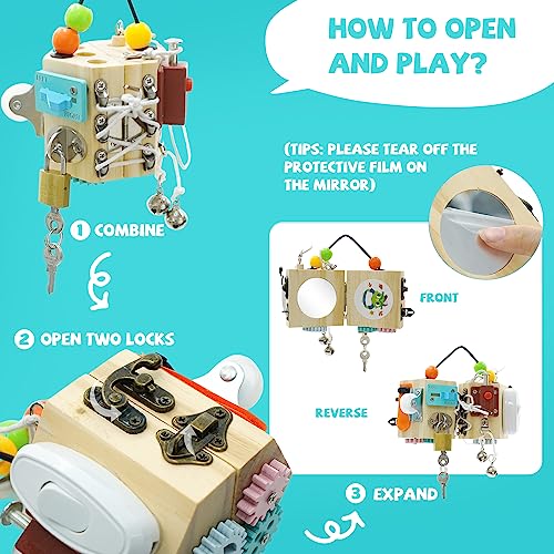 Actividad Ocupada Cubo de Madera, 15 in 1 Montessori Busy Cubes, Cubo de Busy Board, Juguetes Educativos de Educación Temprana Interactivo Regalos Juguete para Niños,1, 2, 3, 4 Años
