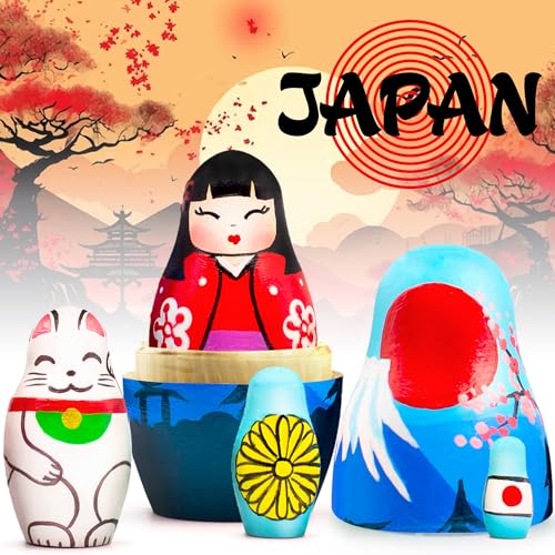 AEVVV Juego de 5 muñecas japonesas de anidación – Muñeca micro matrioshka – Muñecas Kokeshi de madera – Pequeñas muñecas de anidación japonesas – Muñeca rusa Geisha