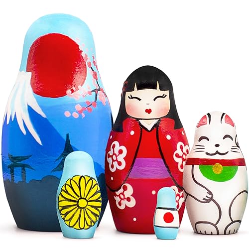 AEVVV Juego de 5 muñecas japonesas de anidación – Muñeca micro matrioshka – Muñecas Kokeshi de madera – Pequeñas muñecas de anidación japonesas – Muñeca rusa Geisha