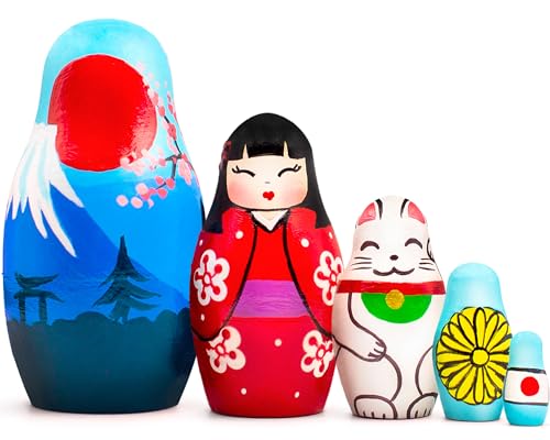 AEVVV Juego de 5 muñecas japonesas de anidación – Muñeca micro matrioshka – Muñecas Kokeshi de madera – Pequeñas muñecas de anidación japonesas – Muñeca rusa Geisha