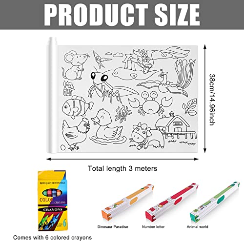 Aicharynic Rollo dibujo cortable para niños, 30cmx3 m rollo pintura para niños rollo papel pintar niños con 6 lápices colores rollo dibujo para niños regalo y entrenamiento habilidades motoras